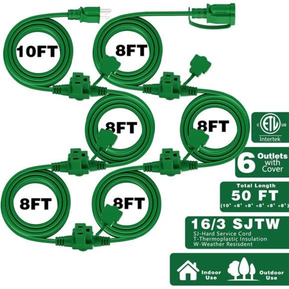 Outdoor Extension Cord 50 FT,Evenly Spaced 6Outlets Plugs,16/3 SJTW Weatherproof - Picture 3 of 6